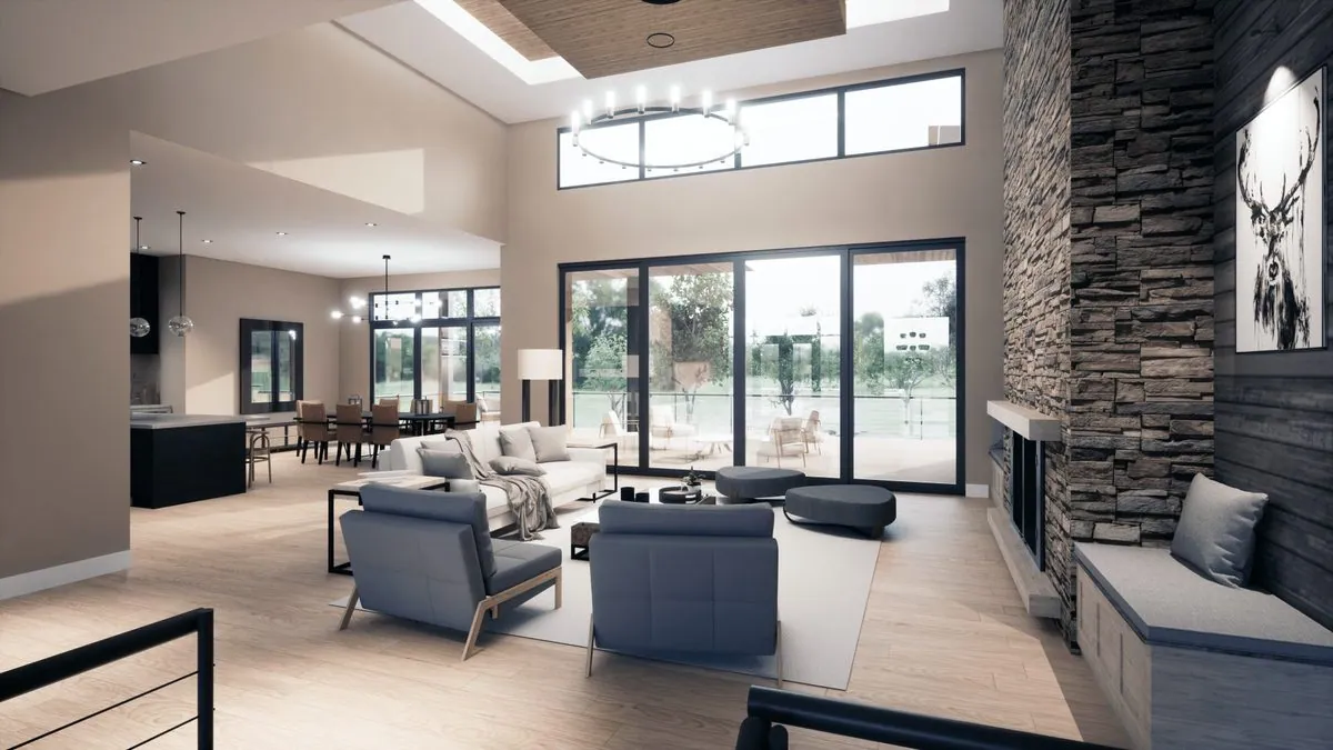 RealNex Visuals photorealistic daytime rendering of the great room in a luxury estate home