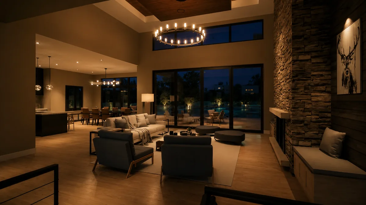 RealNex Visuals photorealistic nighttime rendering of the great room in a luxury estate home