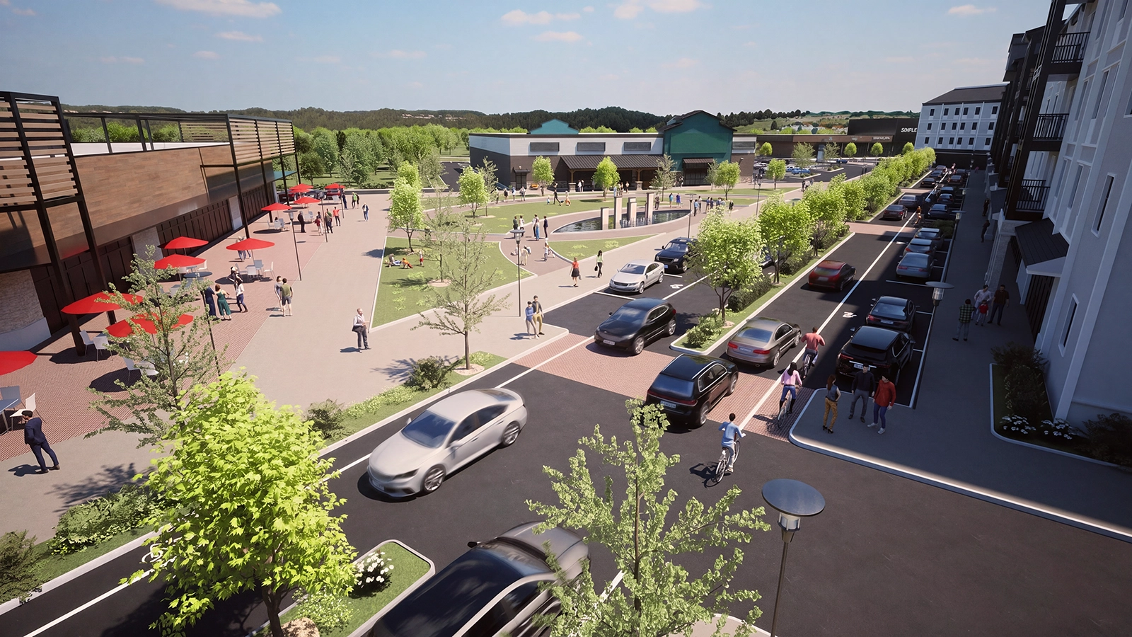 RealNex Visuals photorealistic daytime exterior rendering of the Williams Plaza mixed-use town center