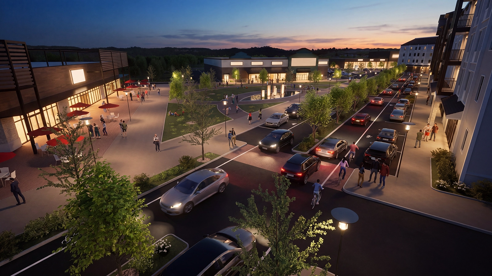 RealNex Visuals photorealistic dusk exterior rendering of the Williams Plaza mixed-use town center
